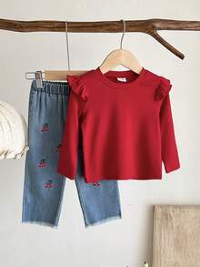 2 件女婴盖袖长袖 T 恤和樱桃刺绣直筒牛仔裤，复古街头可爱装扮，适合外出、居家、派对 - 紅色 - 查看 3