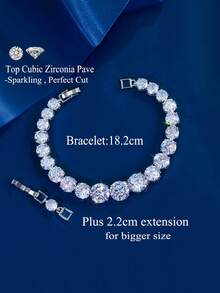 1pc Top Sparkling Round Cubic Zirconia Silver Plated Tennis Chain Bracelet For Women, Wedding, Engagement, Bridal Party Jewelry Gift - White - View 4
