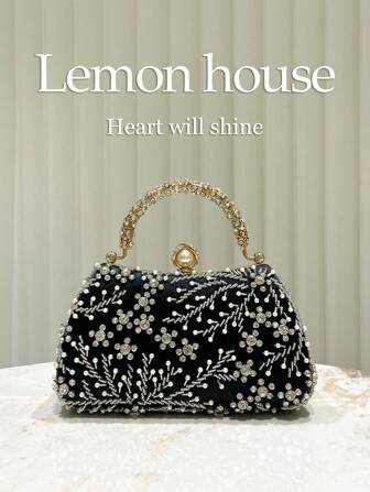 1 件黑色迷人水钻装饰晚宴包，手工串珠手提包，适合搭配女士礼服，时尚优雅手拿包，适合正式场合、婚礼、派对，是送给女性的理想礼物