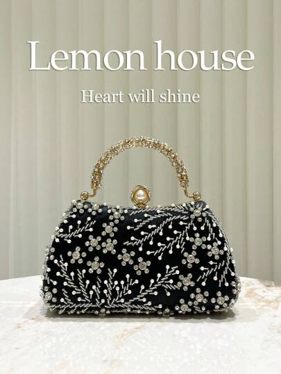 1 件黑色迷人水钻装饰晚宴包，手工串珠手提包，适合搭配女士礼服，时尚优雅手拿包，适合正式场合、婚礼、派对，是送给女性的理想礼物