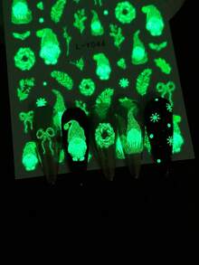 2 pezzi Adesivi per unghie natalizi con gnomi rossi, decorazioni natalizie 3D con ghirlanda verde, fiocchi di neve e fiocchi, adesivi luminosi per unghie fai-da-te, forniture per manicure per il festival di Capodanno