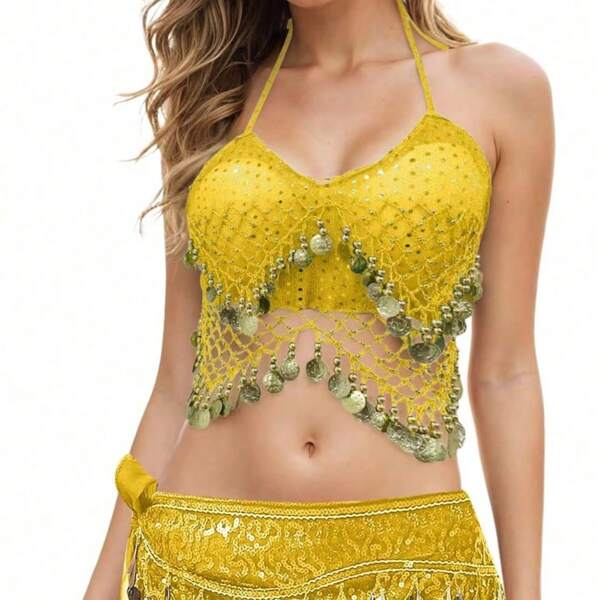 Hauts de soutien-gorge pour femmes avec décolleté ras-du-cou, paillettes, perles, franges et lacets. Haut court de danse du ventre bohème pour festival et représentation. Tenue de danse