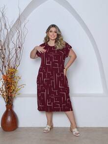 Printed Plus Size Midi Knit Dress - Burgundy - View 1