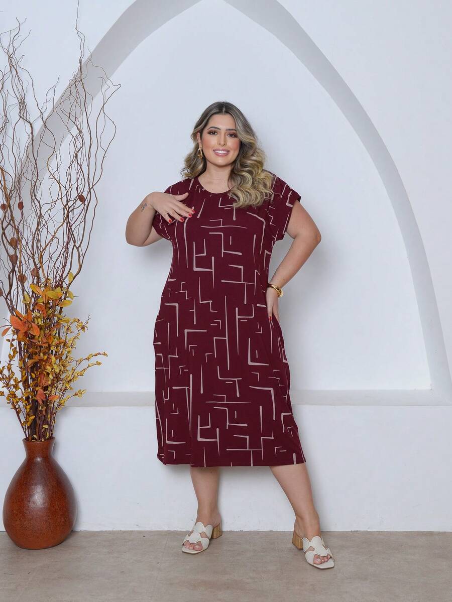 Printed Plus Size Midi Knit Dress - Burgundy - View 1