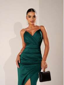 Formal Cocktail Party Dress Wedding Bridesmaid Guest With Slit - Xanh ngọc lục bảo - Xem 3