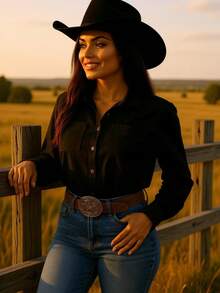 Women's Country Shirt Women's Rodeo Clothing T-Shirt With Simple Pockets Pocket Buttons On The Front Button Holiday - 黑色 - 查看 4