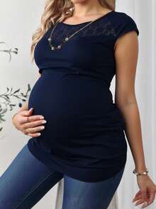 Blusa maternidad dama mujer embarazada embarazo premama mama futura baby shower babyshower bebe manga corta cuello redondo collar incluido piedras brillo dorado cadena encaje mesh floreado floral flor semitransparente estilo casual ajuste cómodo suave elastico ligera fresca primavera verano otoño diario hogar salidas brunch casa oficina - Azul Marino - Ver 1