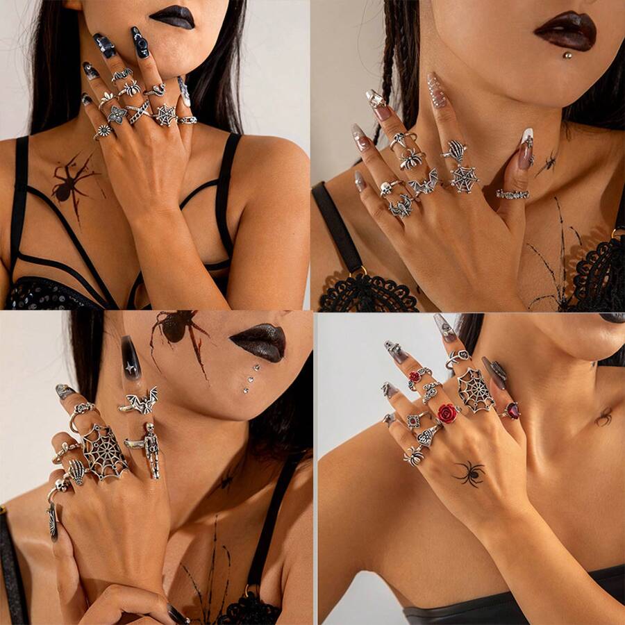 Halloween-Border Dark Style Skull Vintage Ring Punk Style Spider Snake Animal Ring Set RSJS - 27057-bạc - Xem 1