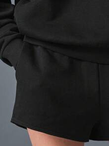 Women's Comfortable Ribbed Knit Casual 2 Pieces Set With Zip Collar Top And Shorts, Medium Stretch