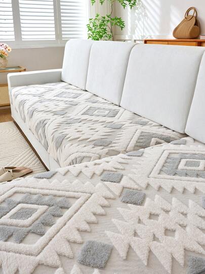 1pc Bohemian Quilted Plush Sofa Cushion Cover, Warm-Toned Country Style Sofa Slipcover, Anti-Slip & Anti-Scratch, Suitable For All Seasons, Fits 1/2/3/4 Seater Sofas And Sectionals, Ideal For Living Room/Dining Room/Bedroom/Study, Autumn Decor, Dorm Decor, Back To School