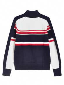 复古街头风格拼色条纹半拉链针织毛衣，新款学院风运动上衣 - 藏蓝色 - 查看 6