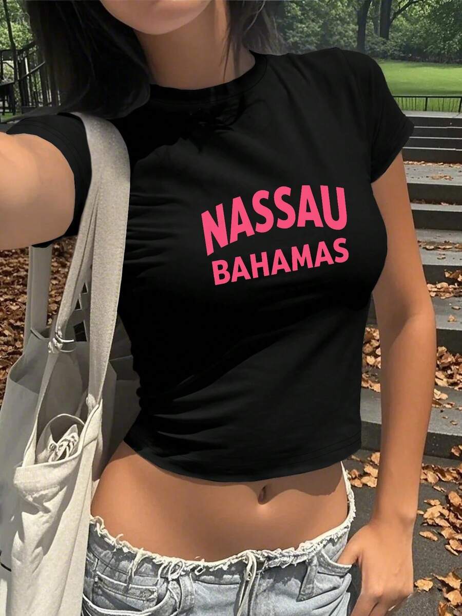 Nassau Bahamas Pink Typography Women's Fashion Short Sleeve T-Shirt, Y2K Clothes, Back To School Clothes, Vintage Clothes, Street Wear, Rock, Holiday, Vacation, Festival, Summer Tops - 黑色 - 查看 1