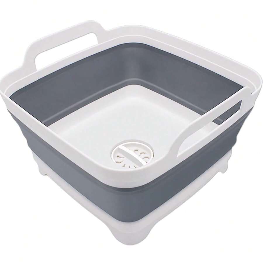 Collapsible Dish Basin With Drain Plug, Space Saving Outdoor Multiuse Foldable Sink Tub, Dishpan, Kitchen Storage Tray For Camping, Vegetable Washing, RV (Gray) - 灰色 - 查看 1