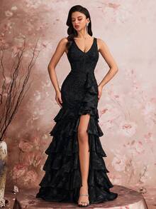 Elisanya Abito sexy a spacco con ricamo e paillettes, con cinturino regolabile sulla schiena - nero - Visualizzare 3