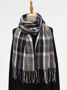 女士格子围巾，带流苏，秋冬季百搭披肩 - 線條藏青格 - 查看 4