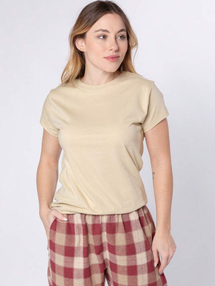 Women's Plaid Pajamas, Flannel Pants With Pocket And 100% Cotton T-Shirt - 米色 - 查看 4