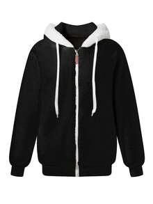 女士流行超大蓬松纯色连帽夹克，秋冬 - 黑色 - 查看 3