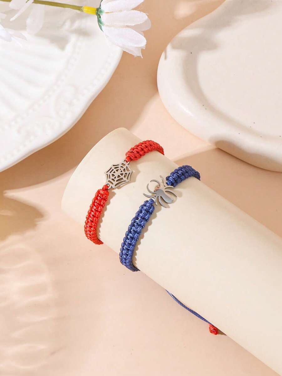 2pcs Spider & Spider Web Braided Bracelets Set, Unique Accessory For Men, Halloween, Holiday, Couples Outfit - Halloween Spider Bracelet - View 1