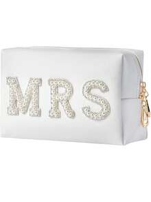 Bride MRS Letter Makeup Bag, Bridesmaid Engagement Gift, White Pearl Rhinestone Travel Toiletry Bag, Cosmetic Bag, Handbag, Bridal Shower Gift, Engagement Wedding Gift - MRS Cosmetic Bag - View 2