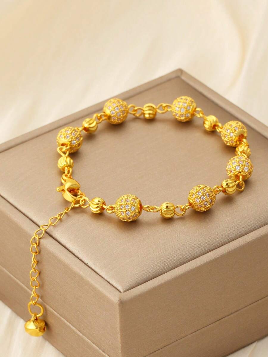 1pc Fashionable Zirconia Beaded Bracelet, 18K Gold Plated Copper, Elegant Women's Bracelet, Suitable For Parties, Gifts, And Daily Wear
