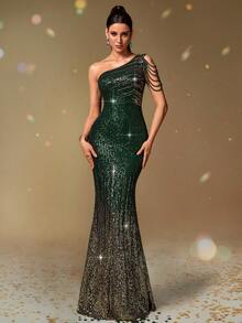 [Cắt ngẫu nhiên] Đầm dạ hội dài ôm eo, đính sequin lấp lánh, cổ lệch, thiết kế tua rua, trang trí bằng sequin, thích hợp cho tiệc tùng, đám cưới, sinh nhật, lễ phục tốt nghiệp, lễ phục trang trọng, học sinh, mùa xuân. - Màu xanh lá cây đậm - Xem 1