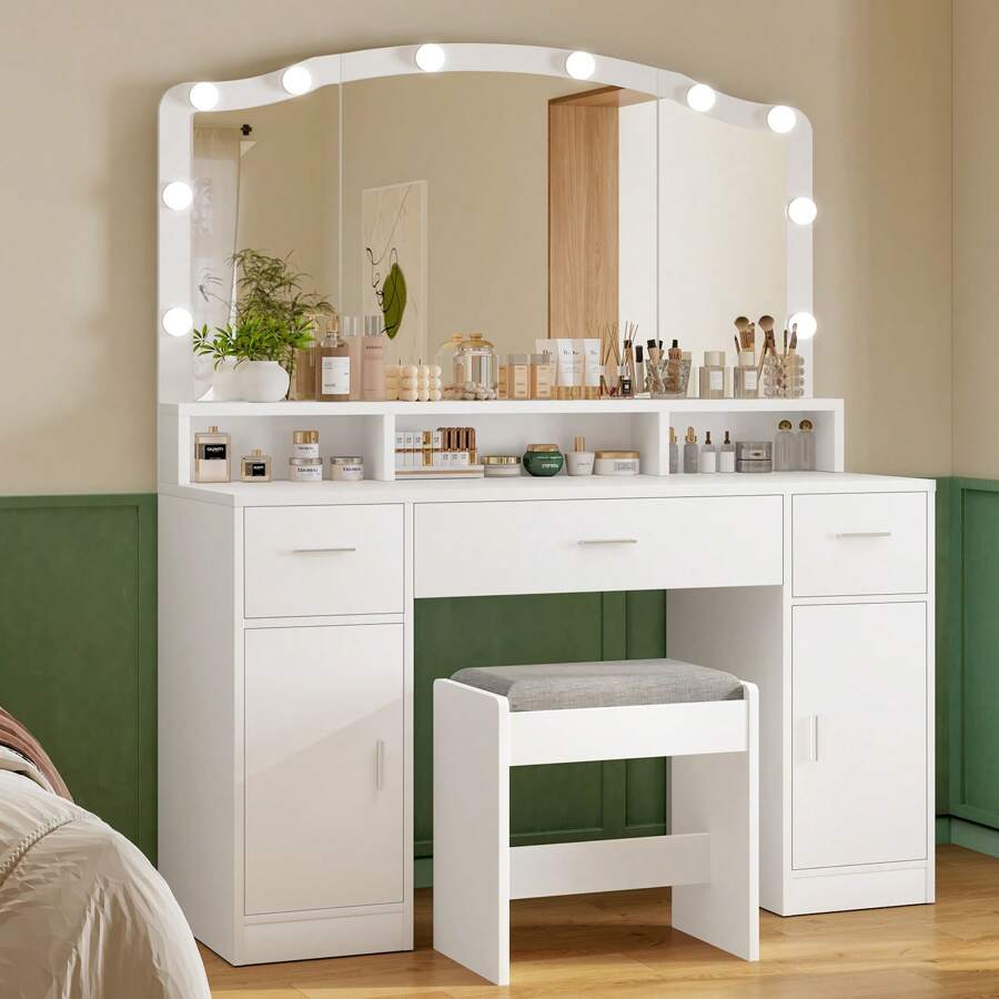 Großer Schminktisch mit Spiegel und Beleuchtung, Kosmetiktisch mit 3 Schubladen, 2 Schränken und 10 LED-Lampen, Schminktisch mit Hocker für Frauen, Schlafzimmer, Badezimmer, Weiß