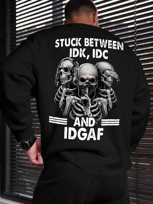 Men's Crew Neck Sweatshirt, Black With Skull Print And English Slogan, Casual Street Style For Leisure, Home And Outings, Autumn/Winter