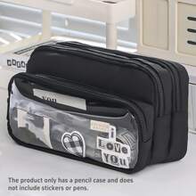 大号浅蓝色铅笔盒 - 宽敞的多隔层收纳盒，可收纳文具、化妆品和配饰，带有可爱的贴纸设计，非常适合学校、办公室、青少年、女孩和男孩，办公用品收纳 | 可爱的贴纸装饰 | 涤纶铅笔盒 - 彩色 - 查看 16