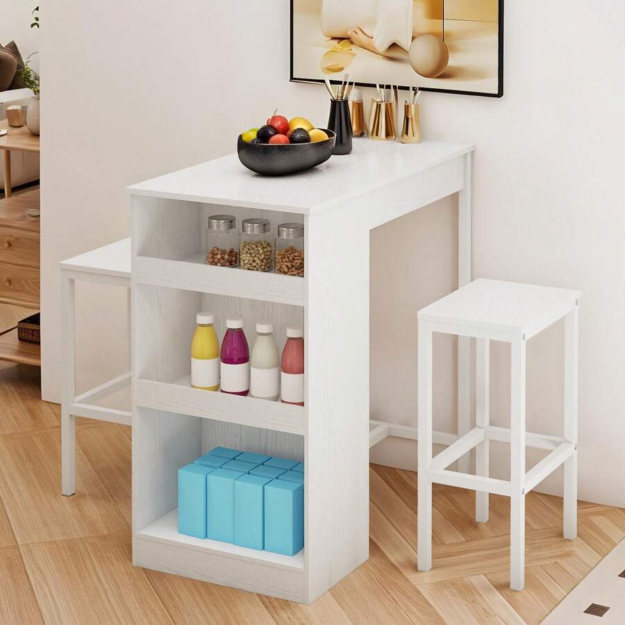 BALCONERA White Breakfast Bar Table Set – 2 Bar Stools With Footrest & Storage Shelf | Industrial Steel Frame Dining Bar Set For Kitchen, Dining Room & Pub - White - View 1