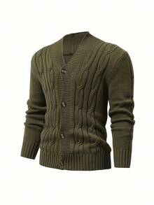 Men's Solid Rib-Knit Long-Sleeved Button-Up Cardigan - 軍綠色 - 查看 2