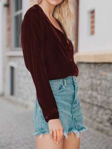tooluck Womens Winter Velvet Long Sleeve Button Down Casual Tops Shirts Burgundy - 酒紅色 - 查看 3