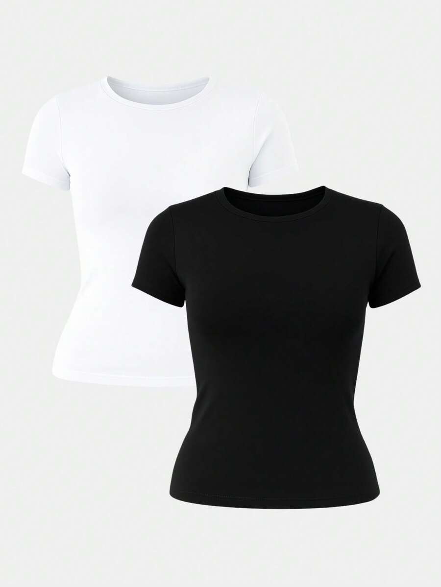 Kit 2 Women's Blouses, Basic Summer Blouse With Lining - 黑與白 - 查看 1