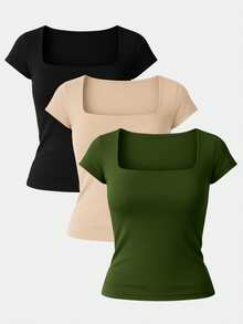 Kit 3 Women's Short Sleeve Suplex Blouse Cold Mesh Basic Blouse - Military Green, Nude and Black - View 1