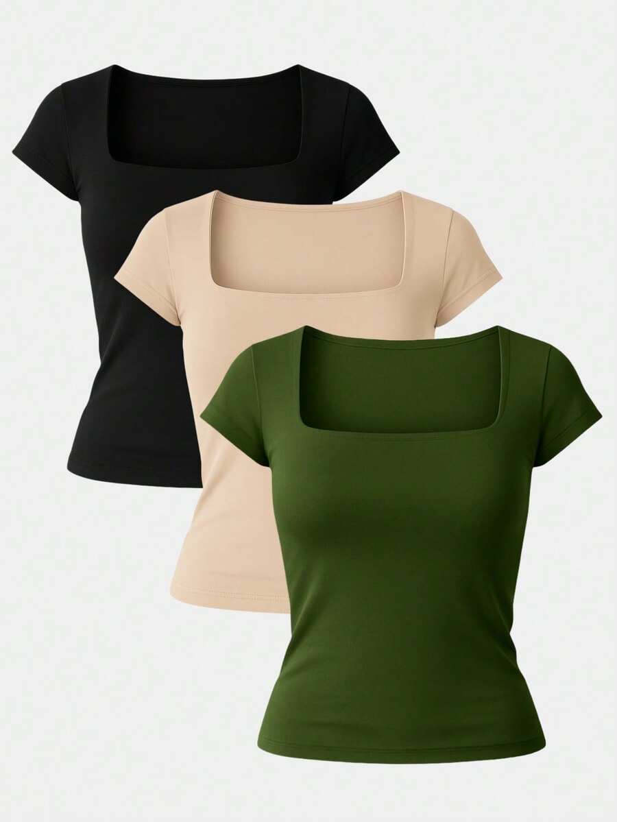 Kit 3 Women's Short Sleeve Suplex Blouse Cold Mesh Basic Blouse - Military Green, Nude and Black - View 1