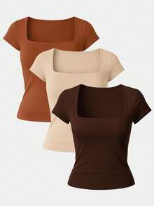 Kit 3 Women's Short Sleeve Suplex Blouse Cold Mesh Basic Blouse - Caramel, Nude and Brown - View 1