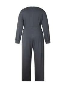 Plus Size Women's Casual Solid Color V-Neck Waist Cinched Long Sleeve Jumpsuit