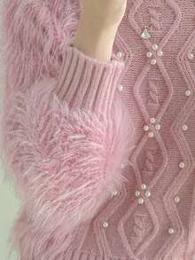 素色珍珠串珠毛茸茸套頭毛衣 - 粉色 - 查看 5