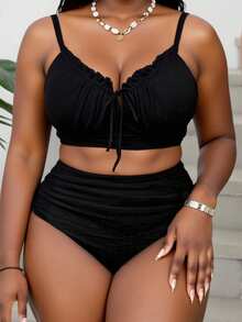 Slaydiva Conjunto de tankini de traje de baño con volantes en el borde, tirantes con cordón y unicolor para mujer de talla grande - Negro - Ver 1