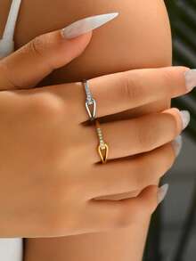 1 件不锈钢独特几何方晶锆石镶嵌戒指，空心水滴百搭爪镶时尚指节戒指，适合女士 - 金黃色 - 查看 3