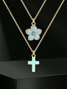 两件套精美时尚五芒星十字吊坠项链，适合夏季海滩派对、度假、约会等场合，可作为生日礼物或日常装饰品。