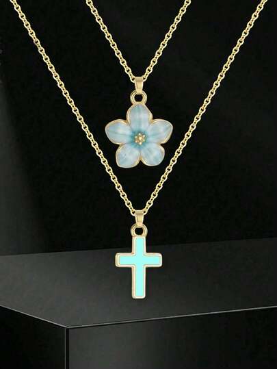 2pcs/Set Lovely & Fashionable Pentagram Cross Pendant Necklace, Suitable For Summer Beach Party, Vacation, Date And Other Occasions, Can Be Birthday Gift Or Daily Decoration