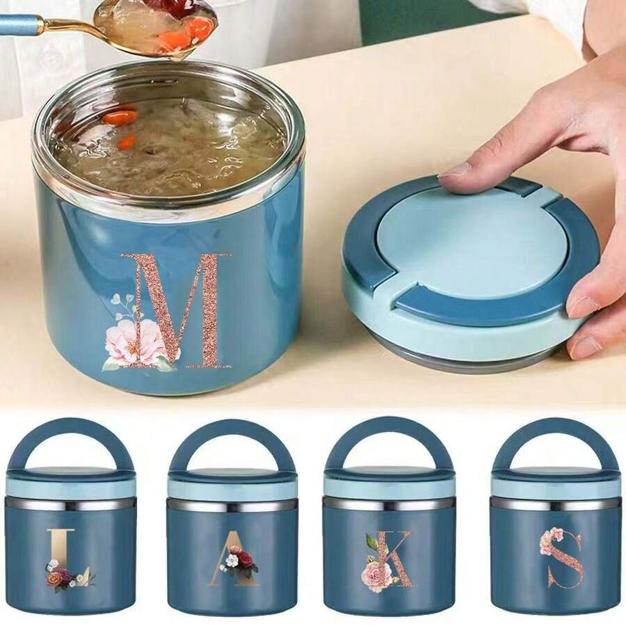 Letter A-Z Pattern Food Thermal Jar Insulated Soup Cup Portable Picnic Milk Drink Food Heater Containers Stainless Steel Lunch Box Thermo Keep Hot For School Children - Blue - View 1