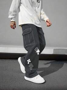 1 件男士多口袋工装裤，宽松交叉印花，适合海滩、日常通勤、运动、户外、休闲直筒裤，时尚街头服饰，男友/丈夫礼物，周年纪念礼物，四季皆宜，秋季