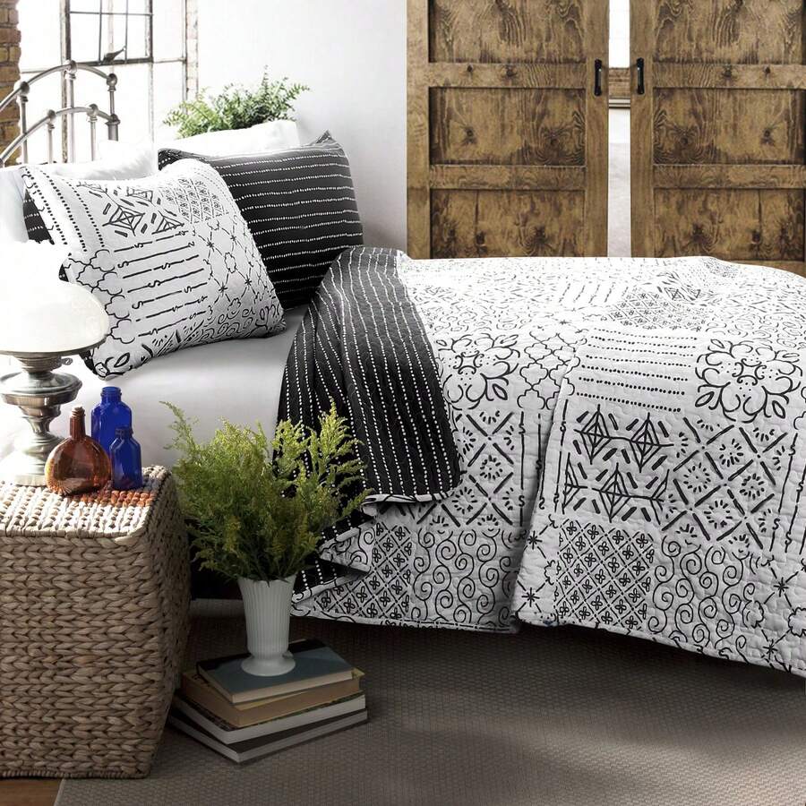 LUSH DECOR Monique Quilt Charcoal 3Pc Set King Halloween-Fall Decor-Room Decor - 木炭 - 查看 1
