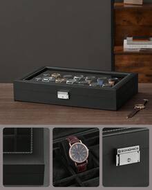 SONGMICS Watch Box, Lockable Watch Case, Watch Storage Box With 24 Slots, Glass Lid, Gift For Loved Ones, Ink Black Synthetic Leather Back To School Dormitory Storage - Black - View 3