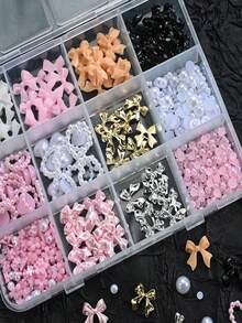 12 griglie/scatola Decorazioni per unghie 3D a fiocco, pendenti a fiocco floreali, perle piatte, set di gemme fai-da-te per arte di unghie, abbigliamento e decorazione di telefoni con strumenti, graziosi gioielli per unghie 3D rosa, forniture per unghie