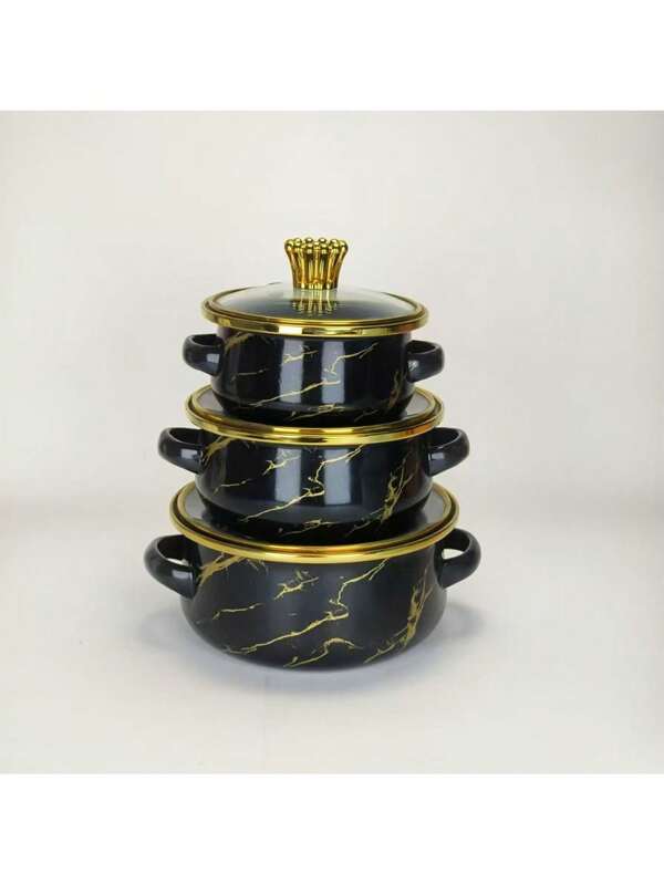 3 pezzi Set di pentole smaltate multifunzione, leggere con coperchi in vetro, include pentola per zuppe, pentola per stufati, padella antiaderente, facile da pulire, adatto per fornelli a gas ed elettrici, utensili da cucina essenziali e duraturi per uso domestico e ristorante, set di pentole smaltate