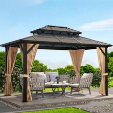 10x13 FT Permanent Aluminum Gazebo 10x12 FT Hardtop Gazebo With Double-Layer PC Roof, Sturdy Metal Pavilion Canopy, All-Weather Outdoor Sunshade Structure With Retractable Curtains For Patio, Backyard, Garden, Deck - 卡其色 - 查看 1