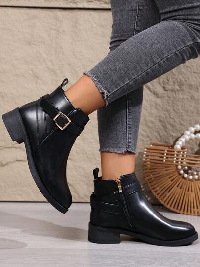 Bottes courtes à boucle pour femmes, style mode polyvalent, patchwork, boucle métallique, fermeture éclair, couleur unie, bout rond, talon épais, porter au quotidien, automne/hiver, marron,