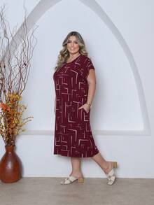 Printed Plus Size Midi Knit Dress - Burgundy - View 2